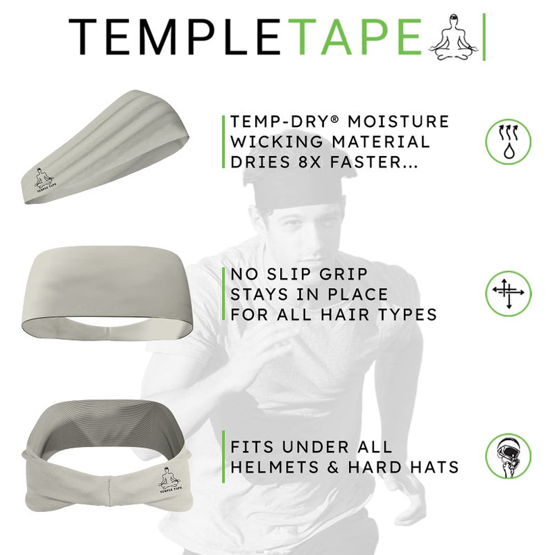 Temple Tape, Value 2-Pack, Mens Headband - Guys Sports Headbands Moisture Wicking Workout Sweatbands for Running, Cross Training, Skiing and Bike Helmet Friendly - 1-Black & 1-Gray Sweatband - Image 5